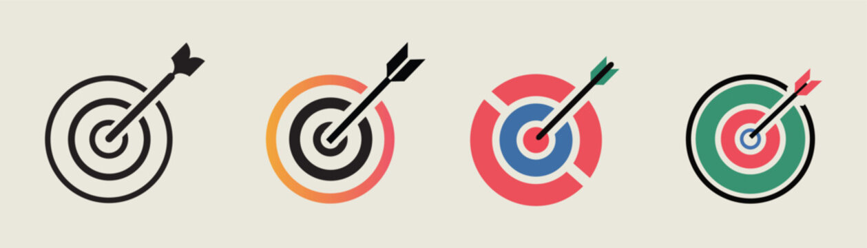  Goal Target Icon Set with Arrow &ndash; Success, Focus and Achievement Vector Collection. Target icon with arrow in center symbolizing goal, focus and accuracy. Bullseye pictogram for success, achievement,