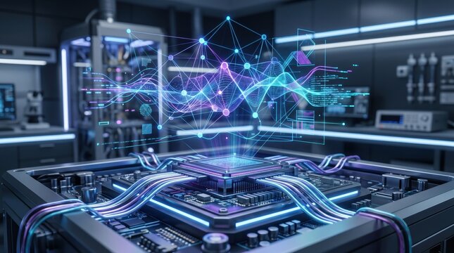 Futuristic artificial intelligence processor chip with glowing holographic data visualization. Advanced quantum computing technology