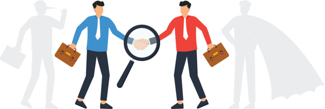 Business handshake magnifying glass due diligence partnership evaluation corporate risk finding truth hidden agenda trust assessment integrity check deceitful shadow superhero shadow