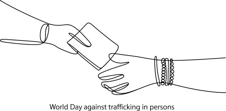 Continuous one line drawing of two hands exchanging a passport representing human trafficking awareness and international migration or travel document identification Vector, illustration