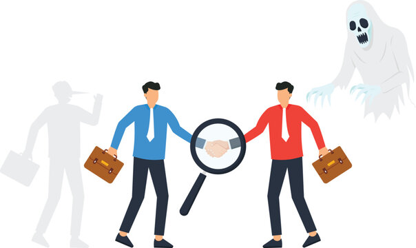 Business handshake corporate fraud hidden danger contract risk magnifying glass due diligence financial crime deceitful deal two people flat design