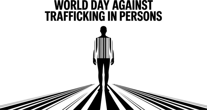 World day against trafficking in persons concept with a silhouette of a person standing on a barcode path representing modern slavery and human rights violation Vector, illustration
