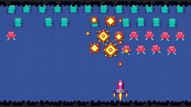 Retro Pixel Art Space Shooter Game Animation with Alien Invaders