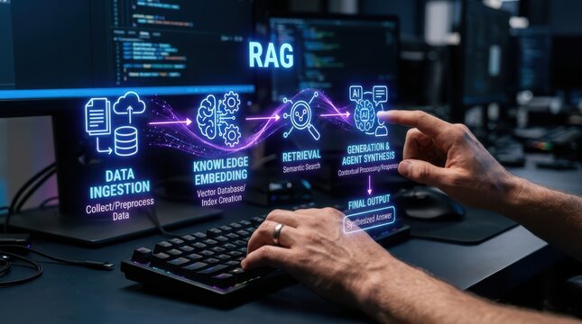 Rag architecture illustration retrieval augmented generation process with data flow visualization