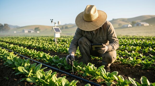 Agricultural farmer wearing straw hat checking soil moisture and crop health with digital tablet in organic vegetable field, precision farming technology