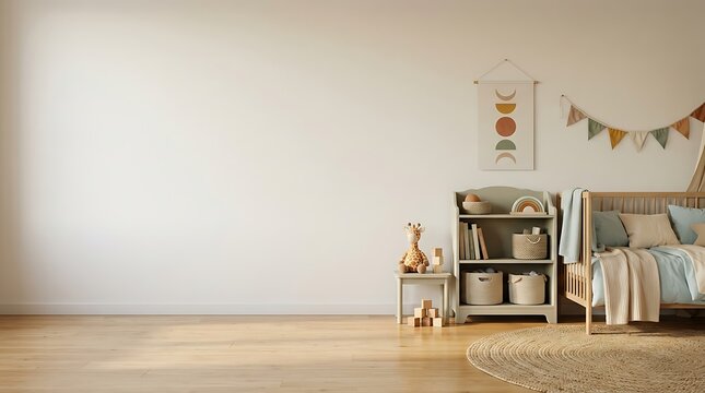 Minimalist nursery with wooden crib and blank wall for mockup