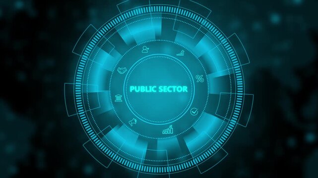 Public sector concept on the black background. government, education, health, municipal service, provide people infrastructure. Motion graphics and digital technology icon interface