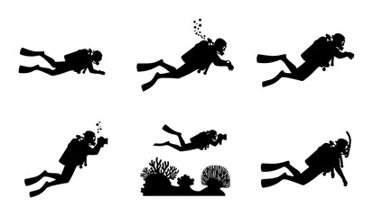 Scuba Diver Silhouettes, Underwater Exploration Vector Icons, Ocean Adventure Set, Marine Life Graphics © Hasan