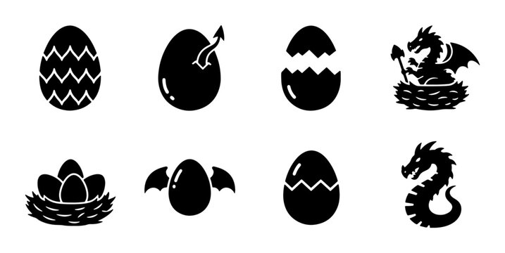 Dragon Eggs and Hatchlings Vector Icons Set, Fantasy Creature Birth and Nesting Symbols, Mythical Reptile Icons