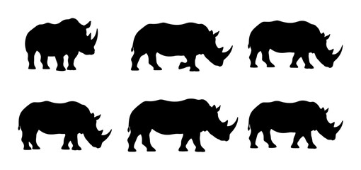 Black Rhinoceros Silhouettes, Six Vector Icons, Wildlife Animal Graphics, African Safari Mammal Collection, Simple Minimalist Design © Tanzina