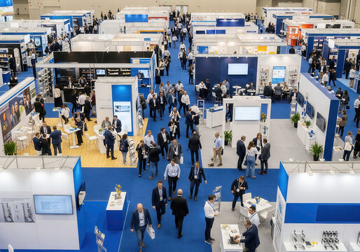 High angle view of business people networking and walking through a large trade show exhibition hall with white booths
