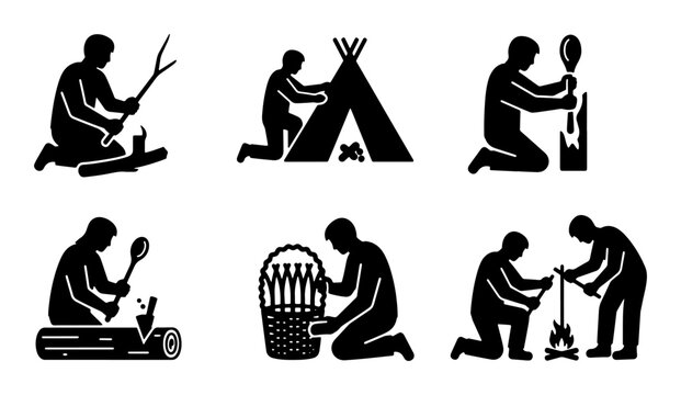 Primitive Survival Skills Icons, Ancient Man Activities Set, Prehistoric Hunter-Gatherer Actions, Stone Age Life Vector Graphics