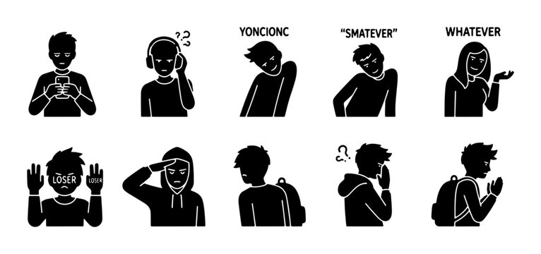 Youthful Expressions Vector Icons: Teenager Emotions, Attitudes, and Gestures, 10 Black Silhouette Figures Set