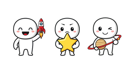 Cute cartoon characters with rocket, star, and planet, isolated on white background. © flat