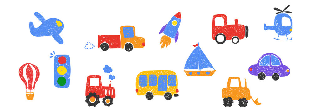 Children scribble crayon drawing set cars, boat, plane other transport. Kids doodle pastel pencil vehicles. Childlike hand drawn doodle design elements