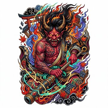 Soul of Rashomon &ndash; Vibrant Shuten Doji Oni Japanese Tattoo Design Isolated on White
