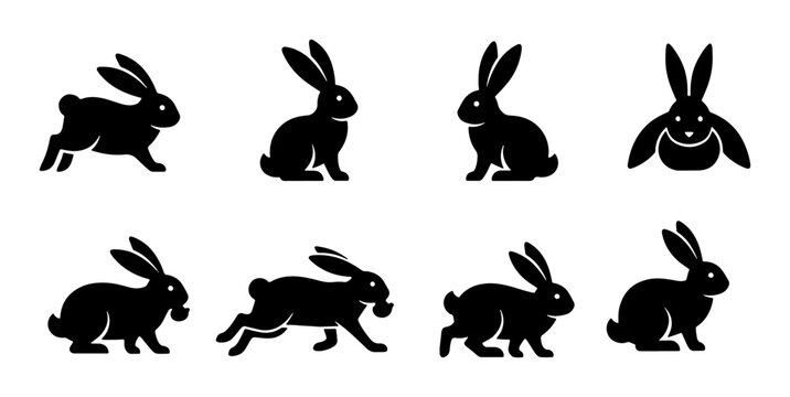 Set of Eight Black Rabbit Silhouettes, Diverse Poses, Vector Icons for Easter and Spring Themes, Cute Bunny Graphics