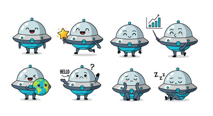 Cute UFO Alien Character Set - Emotions and Actions © flat