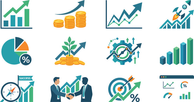 Financial Growth Icons Bar Graphs Coins And Business Charts