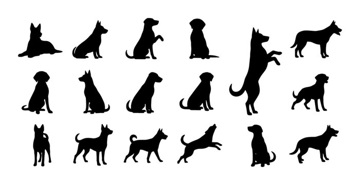 Dog Silhouettes Collection, 15 Vector Poses, Canine Companions, Pet Graphics, Animal Icons for Design