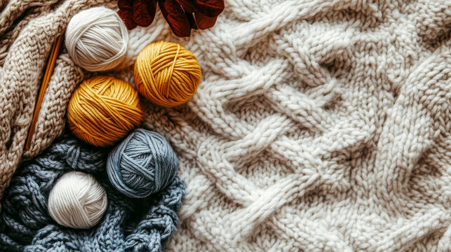 Top view of mustard yellow, gray, and white wool yarn balls resting on a thick cable-knit blanket with autumn foliage