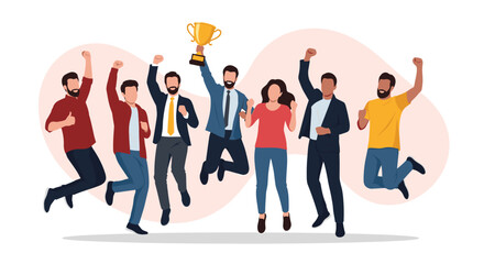 Fototapeta premium Large group of diverse business professionals jumping and celebrating their success with a golden trophy cup.