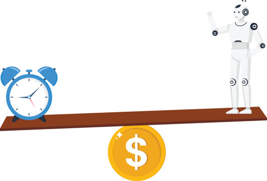 Robot automation time management financial balance artificial intelligence business efficiency seesaw comparison dollar currency alarm clock productivity concept technology investment