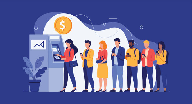 Line of diverse people wait in a queue to use an automated teller machine for cash withdrawals and banking tasks.