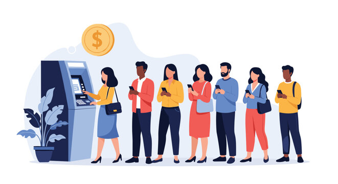 Diverse group of people stands in a long line to use an automated teller machine while looking at their phones.