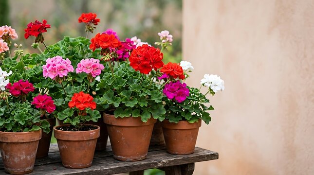 Colorful blooming geranium flowers in clay pots in a garden setting