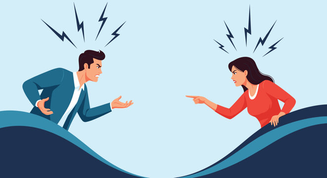 Angry man and woman in professional attire shouting and pointing at each other representing a heated conflict or argument.