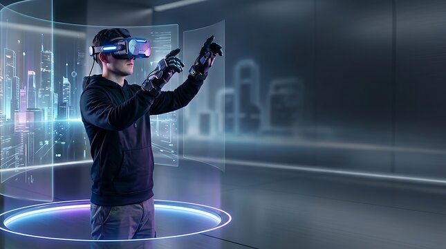 Man using virtual reality headset and haptic gloves in digital lab