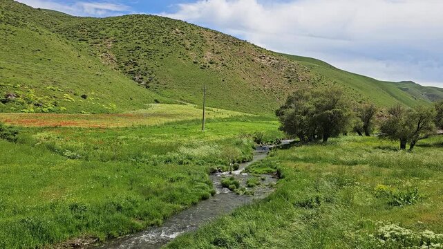 Green valley with a flowing stream, wildflowers, rolling hills, and lush vegetation under a partly cloudy blue sky.
📍 Marivan, Kurdisatn, Iran 