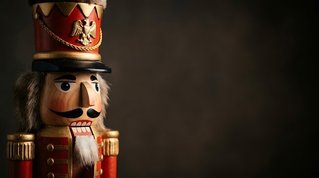 Traditional wooden christmas nutcracker doll on a dark background