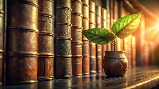 A row of old books with a green leaf on the left