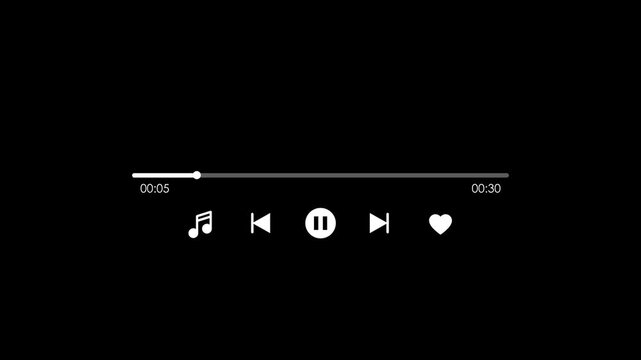 Music player interface animation on black background, digital audio playback control bar motion graphic, sleek song progress timeline overlay, streaming music track dashboard design element.