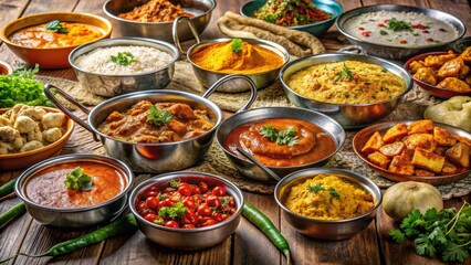 Fototapeta premium Traditional indian cuisine featuring a colorful array of curries