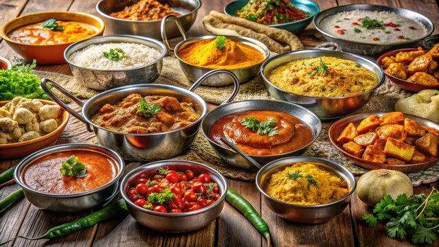 Traditional indian cuisine featuring a colorful array of curries