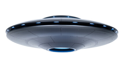 Futuristic flying saucer with blue lights and metallic hull © Lubos