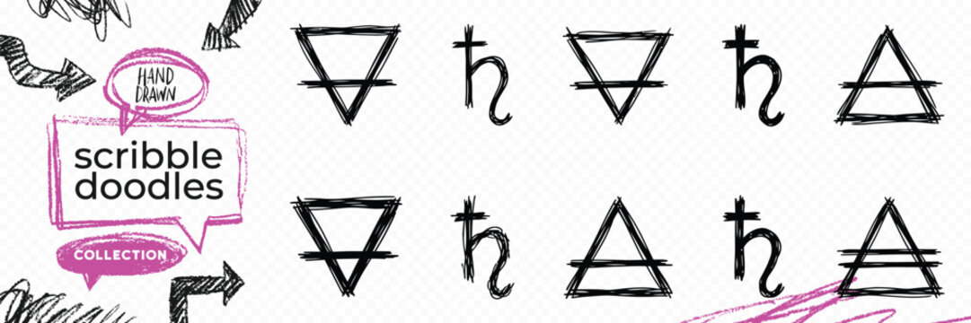 Black solid silhouette doodle vector set of alchemy symbols magic potions esoteric and occult elements
