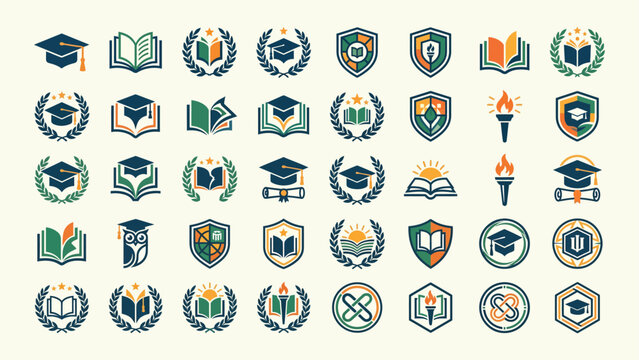 Education Icons Featuring Graduation Caps Books And Laurel Wreaths Vector Illustration
