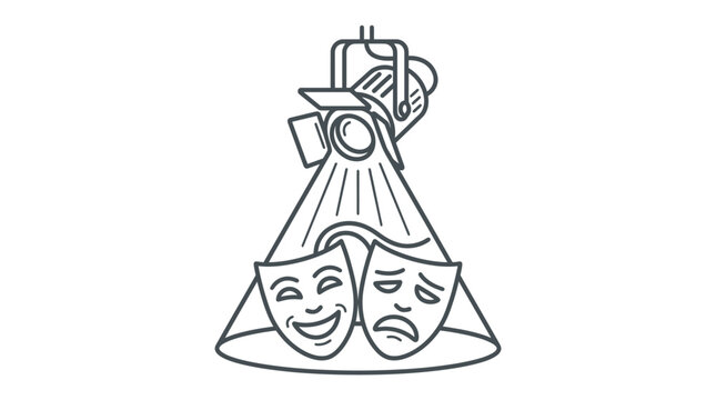 A line art illustration of a theater spotlight shining on comedy and tragedy masks.