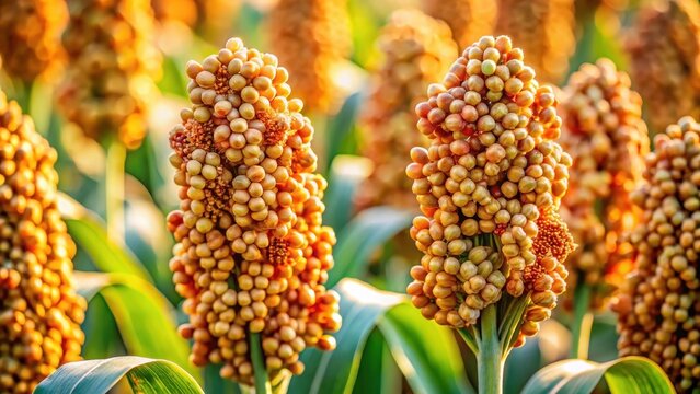 Macro photo of sorghum seeds in inflorescence