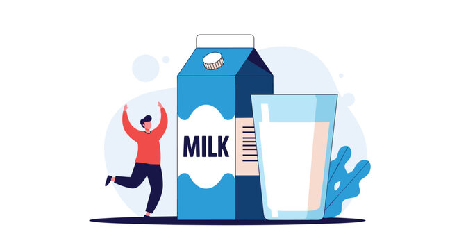 Happy man dancing with joy next to a giant milk carton and a glass filled with a fresh and healthy dairy product.