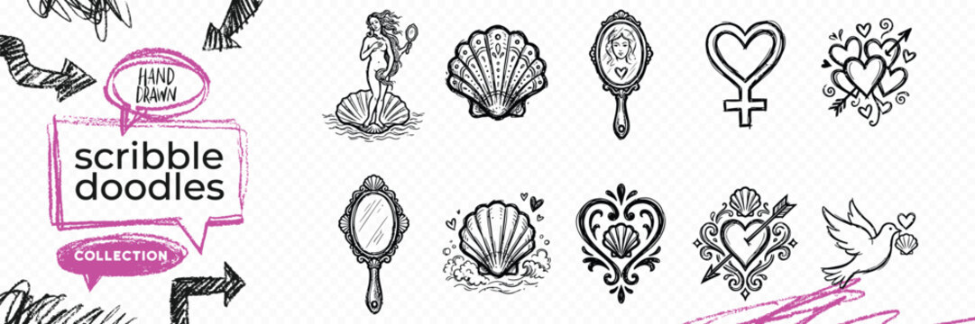 Black solid silhouette doodle vector set of esoteric objects palmistry wings runes and witchcraft magic tools
