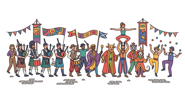 A vibrant illustration of a diverse parade featuring musicians and performers in festive attire.