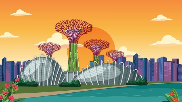 Animated Illustration of a Modern City Waterfront at Sunset with Boat