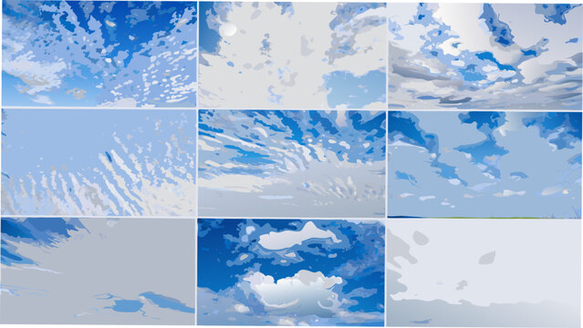 A grid of nine photographs depicting various cloud formations against a blue sky backdrop blue sky cloudscape cumulus clouds cirrus clouds stratocumulus cloud formation atmospheric condition