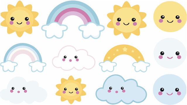 A collection of smiling suns rainbows and clouds in a pastel colored vector illustration cartoon cheerful climate cloud colorful cute design