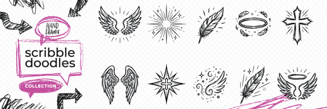 Black solid silhouette doodle vector set of esoteric objects palmistry wings runes and witchcraft magic tools